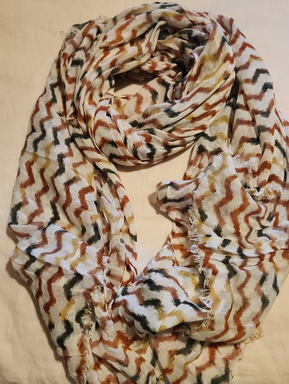 Women's Lightweight Chevron Scarf in White with Rust, Mustard, and Olive